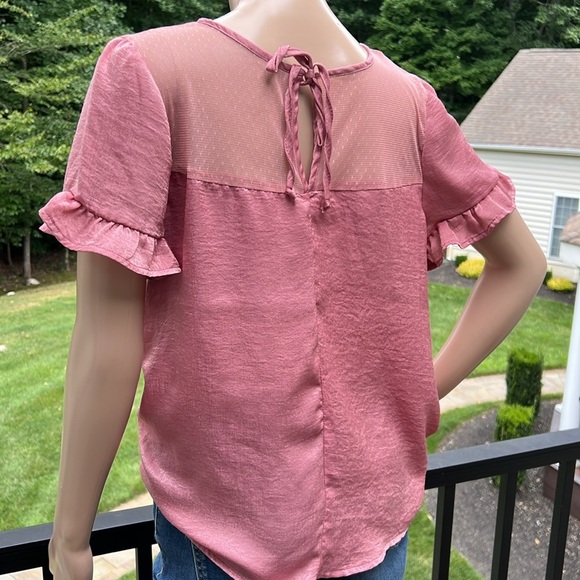 Pretty pink Boho floral embroidered ruffle sleeves, silky top Sz S/M - Picture 3 of 10